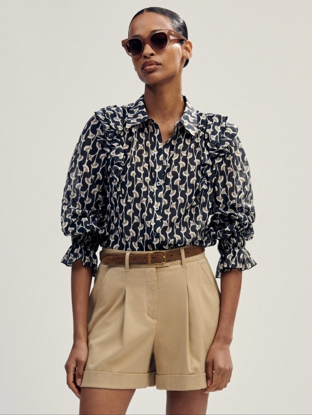 New! ME + EM Silk Cotton Gingko Leaf Print Blouse Semi Sheer 8